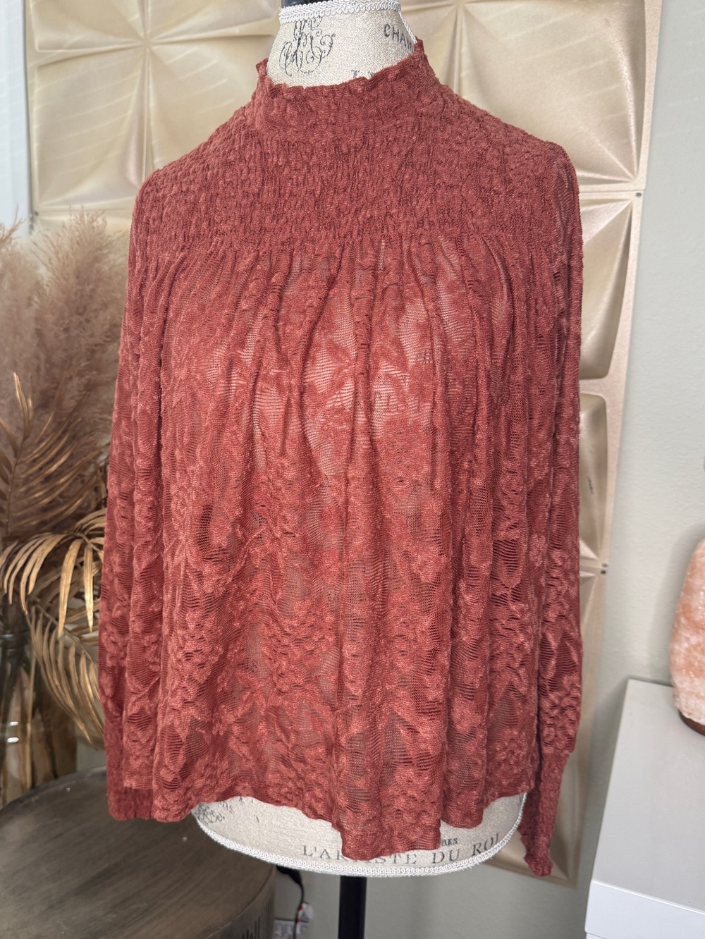 Deletta Anthropologie Rust Lace Mock Neck Long Sleeve Top